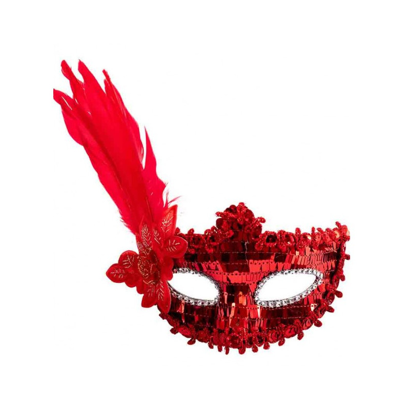 Červená škraboška s peřím